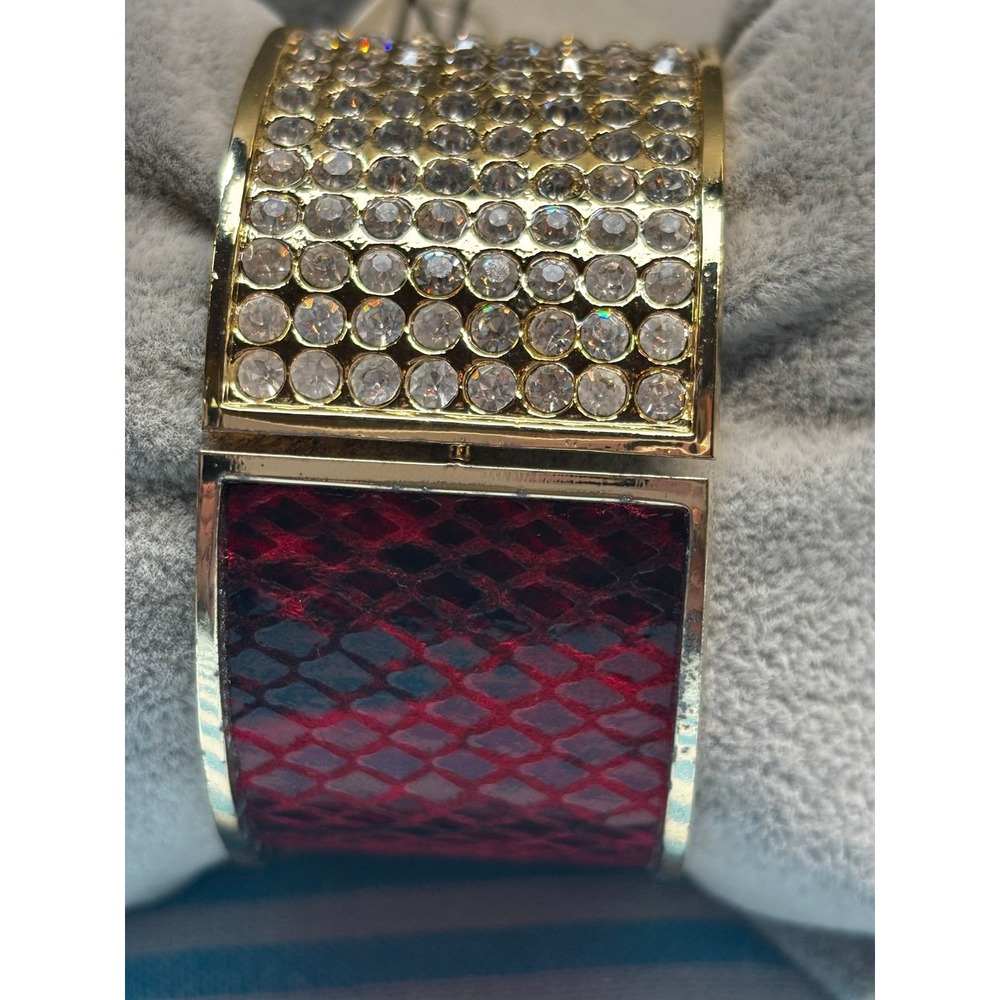 #37. Hinged Clamp Bracelet Gold Tone Red Snakeskin Crystal Pavé